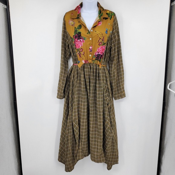 Alembika Dresses & Skirts - Alembika Floral Plaid Mixed Media Midi Dress Brown 4 Lagenlook Artsy Cottagecore